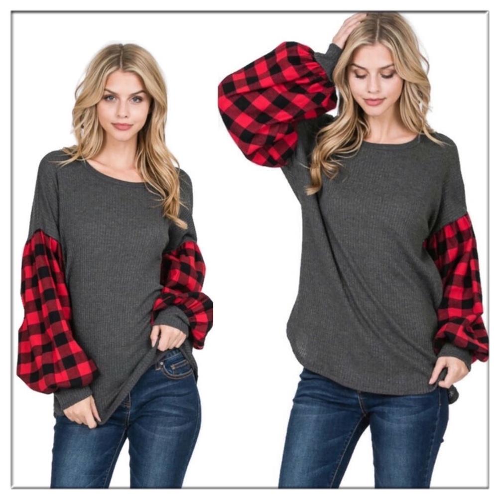 Charcoal Thermal & Buffalo Plaid sleeve top